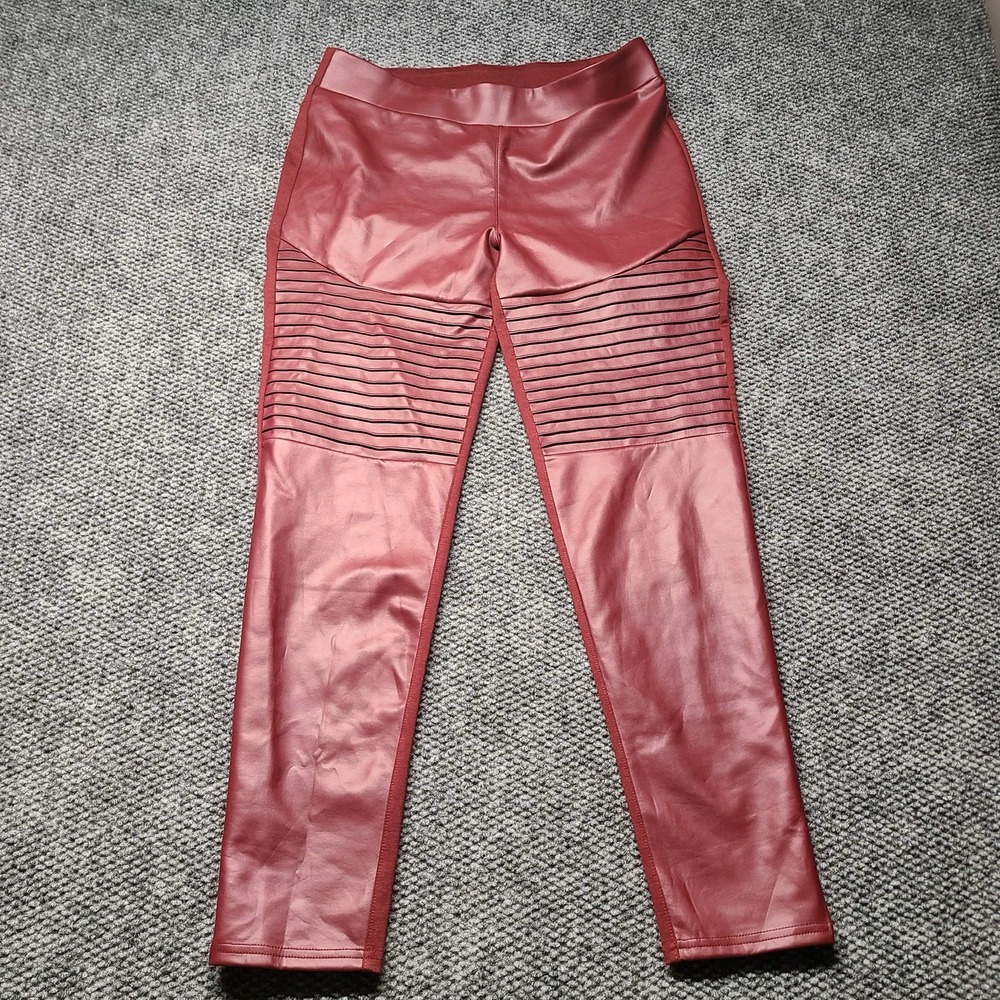 DG2 Diane Gilman Burgundy Faux Leather Ponte Moto Pants Size M